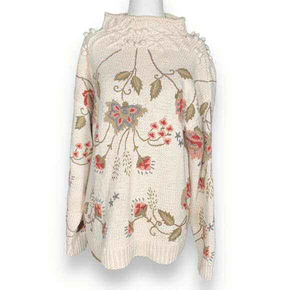 Vintage Women’s Country Suburbans Sweater Cream Floral Mock Neck Knit Medium - Picture 3 of 10